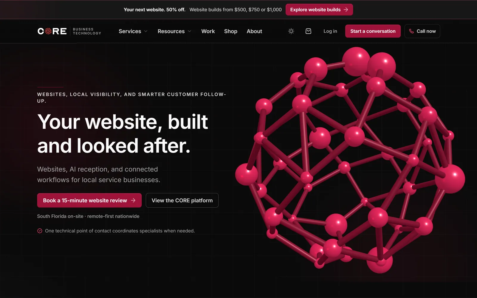 CORE’s dark red homepage on desktop, captured October 20, 2026.