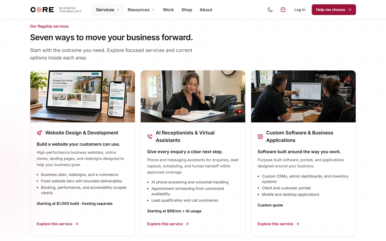 Desktop view of CORE's service hub showing the flagship service cards.